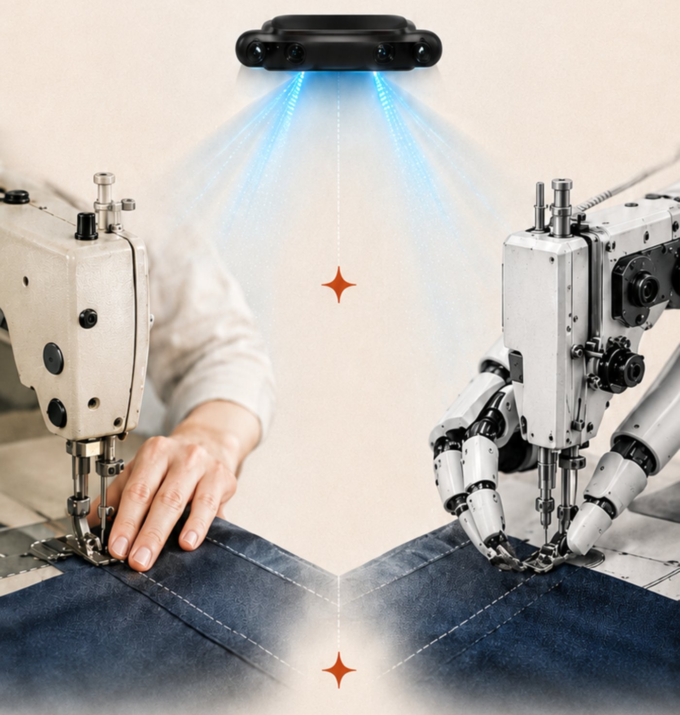 A skilled worker guiding fabric through a sewing machine on the left, a robot hand learning the same task on the right, with a head-mounted multi-camera capture device scanning both.